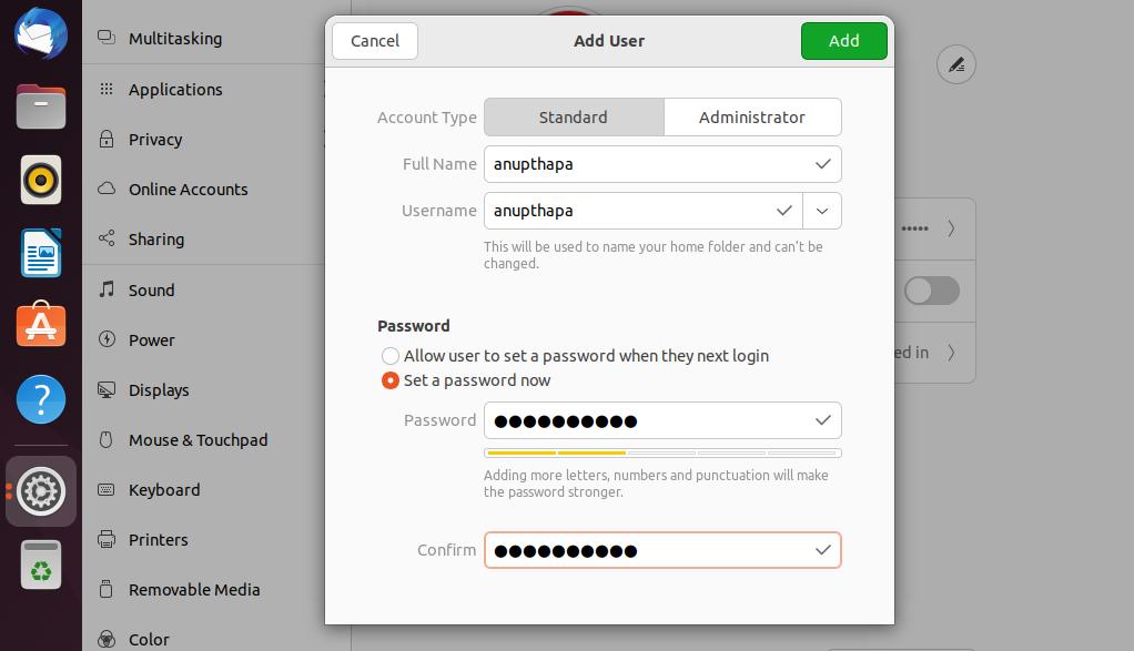 add user account type name password