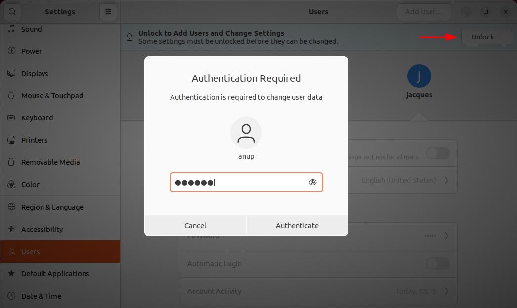 unlock user settings ubuntu