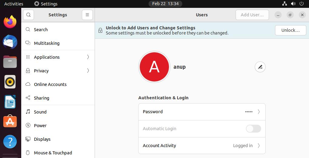 unlock user settings ubuntu