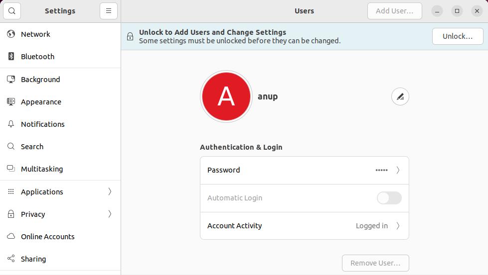 unlock user settings ubuntu