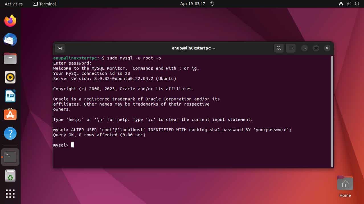 change password user mysql ubuntu