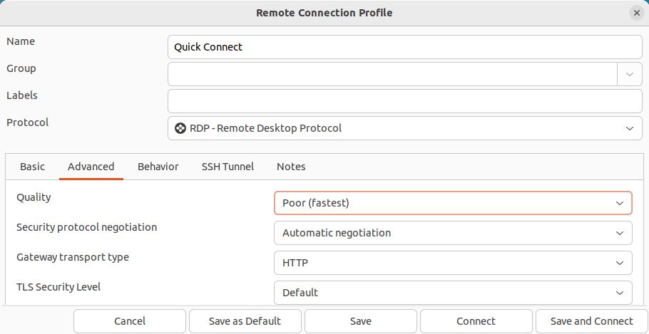 remmina advanced settings