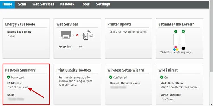 printer ip address control panel