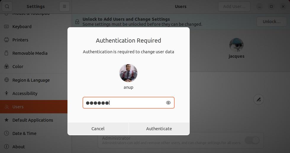 unlock user settings ubuntu